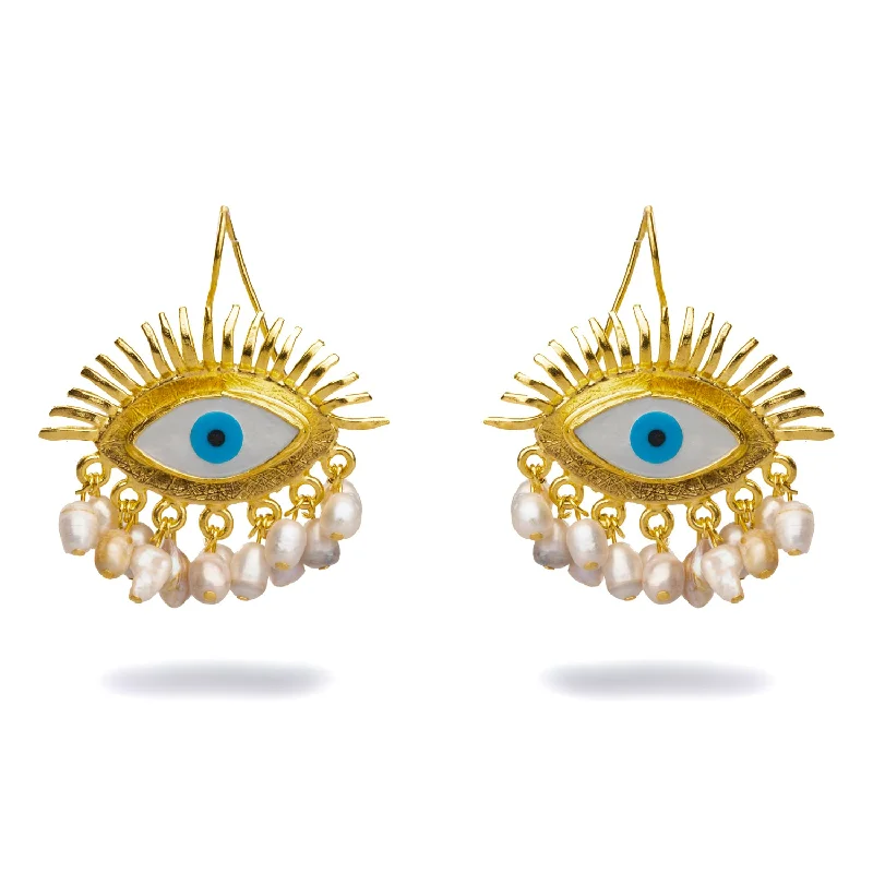 Luxury amethyst rings for women-Eyes On You Gold & Pearl Chunky Evil Eye Earrings