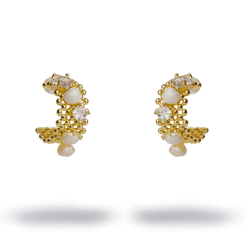 Stylish drop earrings for parties-Filigree Design Pearl & Diamond Hoop Earrings