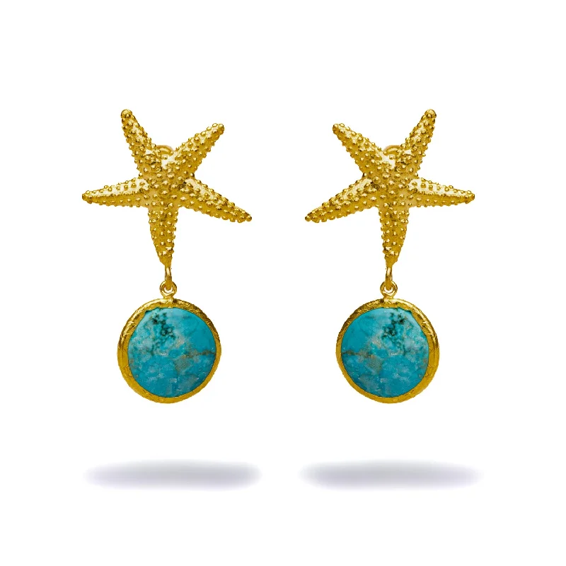 High-quality emerald drop earrings-Gold Starfish Stud & Turquoise Stone Dangle Earrings