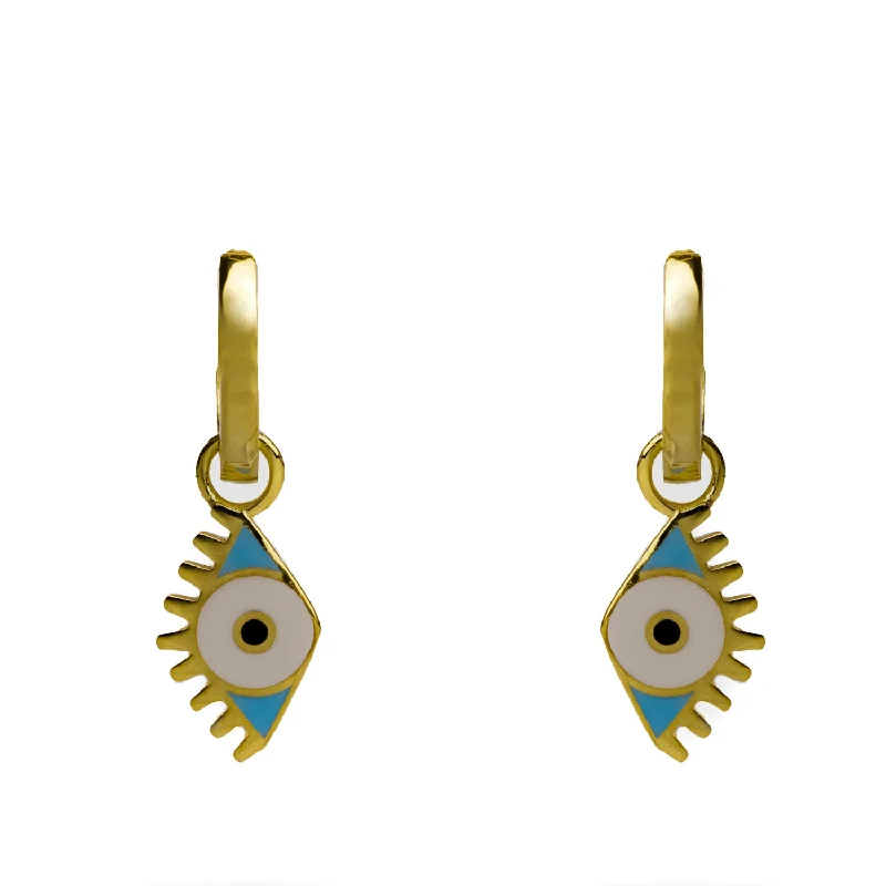 Luxury diamond pendants for women-Gold Vermeil Hoop & Blue Enamel Protection Evil Eye Dangle Earrings