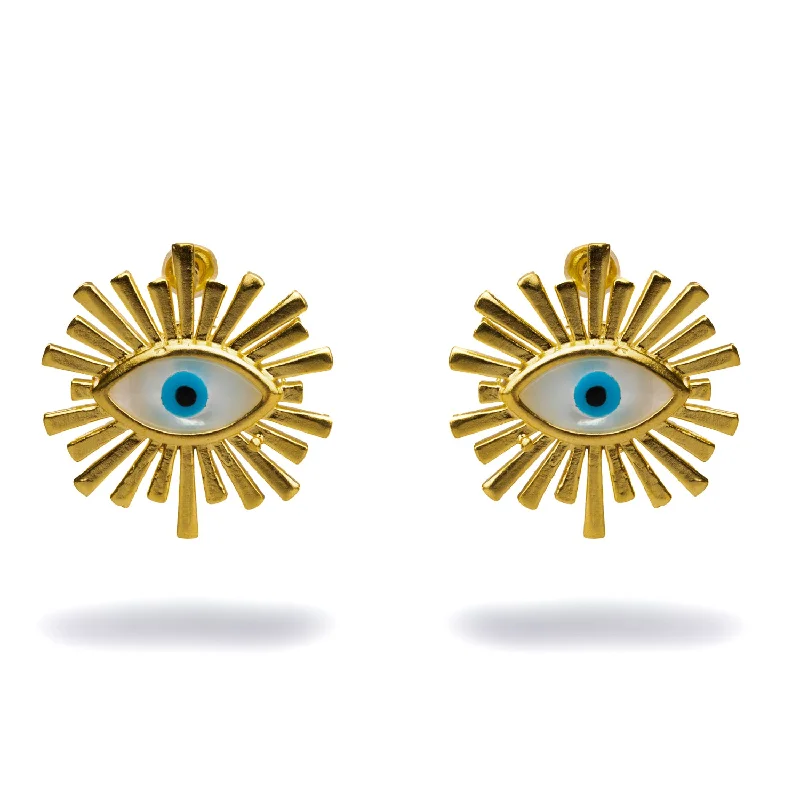 Vintage silver rings for women-Guardian Aura Chunky Gold & Pearl Evil Eye Stud Earrings