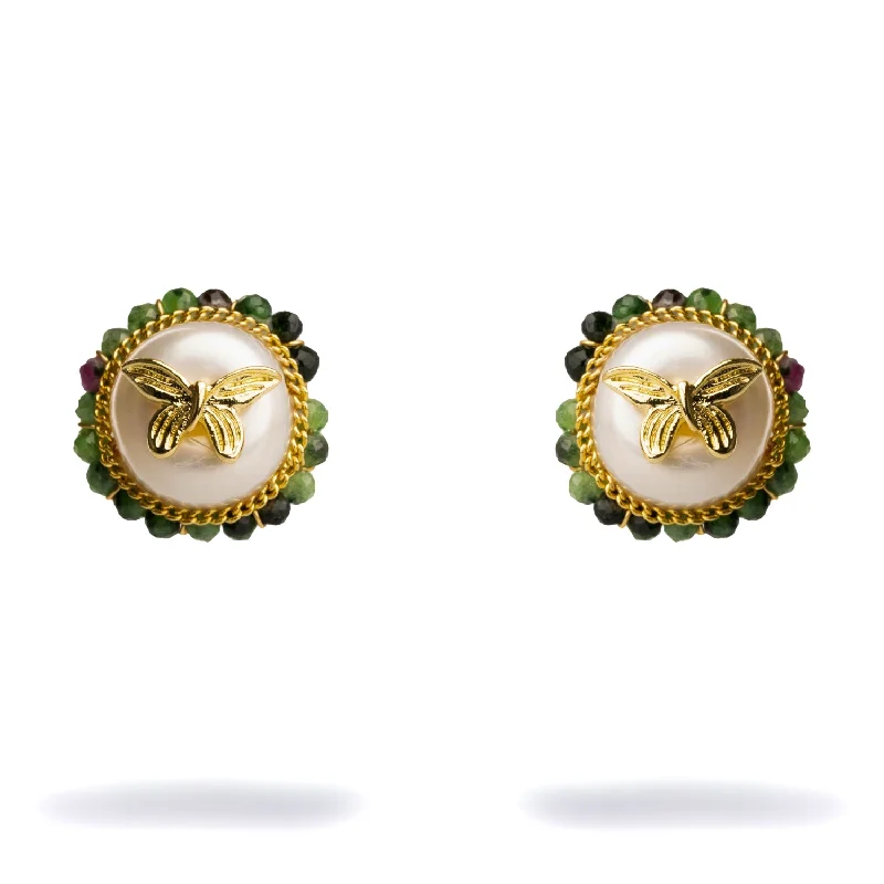 Vintage gold lockets for women-Jade Halo Pearl & Gold Butterfly Stud Earrings