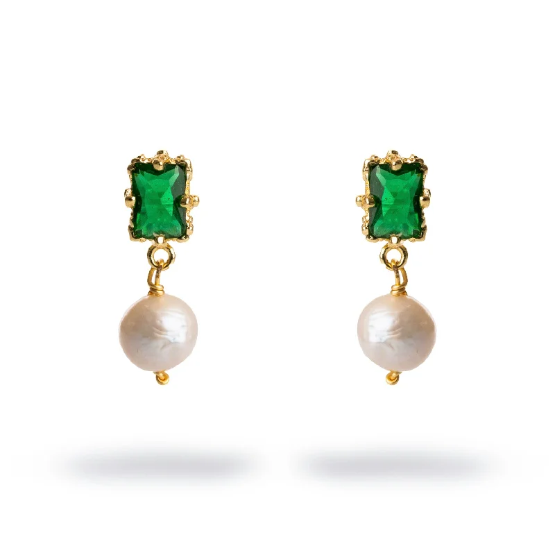 Affordable crystal rings for women-Minimalist Emerald & Pearl Statement Earrings