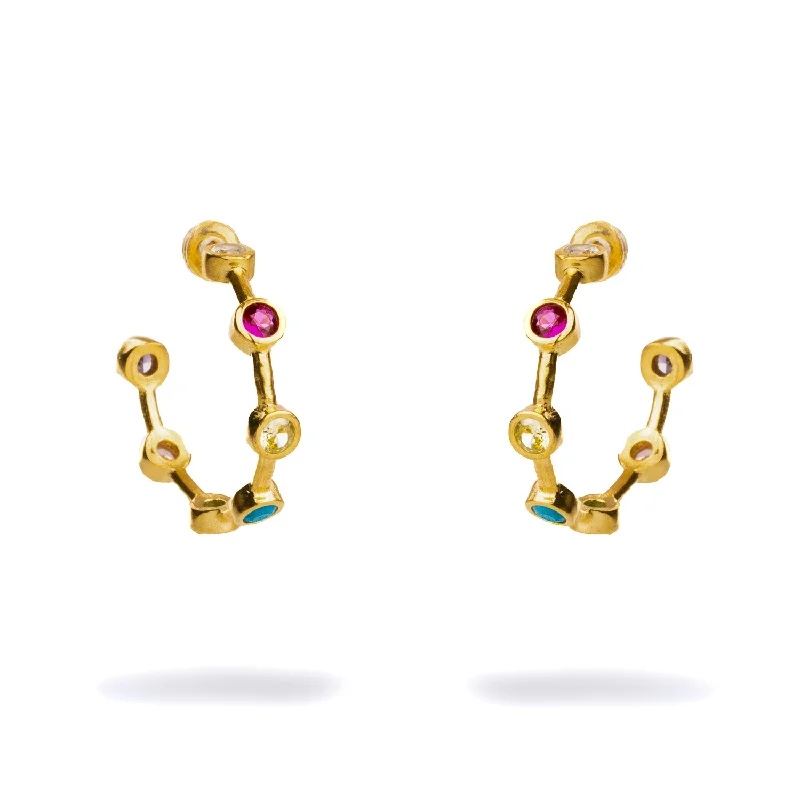 Luxury gold bangle bracelets-Multi Gemstone Gold Hoop Joy Earrings