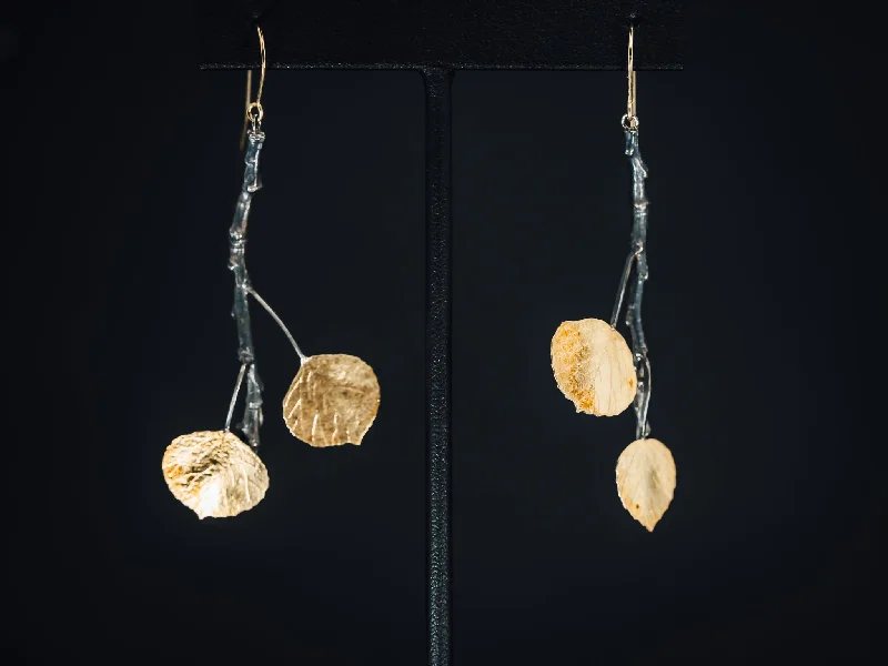 Chic minimalist necklaces for women-Oxidized Sterling Silver and 14k Yellow Gold Leaf and Branch Earrings