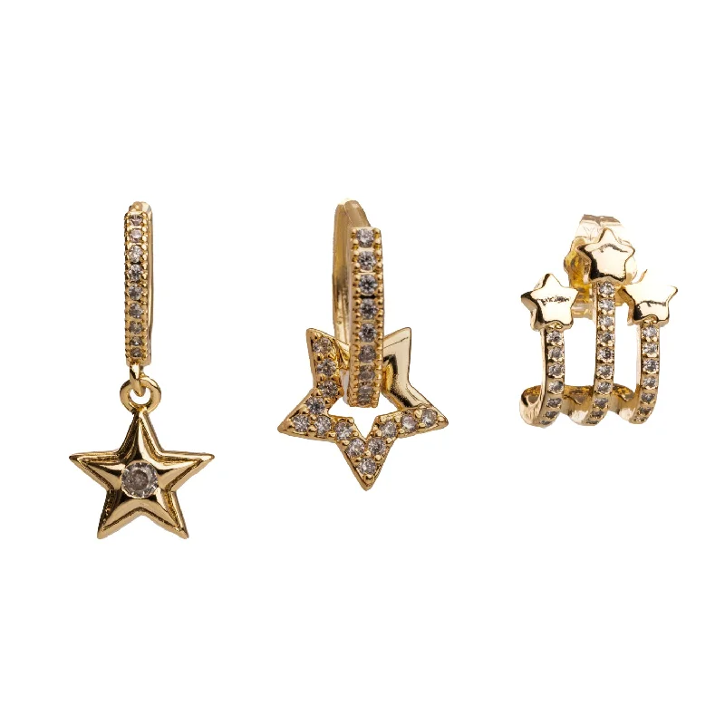 Stylish drop earrings for parties-Trio Gold & Diamond Sparkly Star Earrings