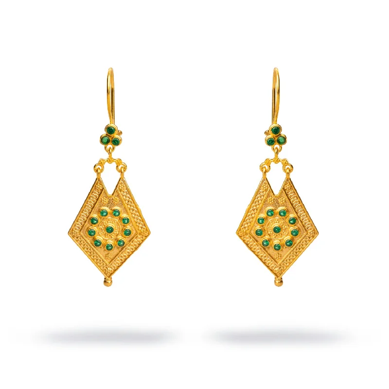 Stylish gold stud earrings for women-Vintage Style Gold & Emerald Design Dangle Earrings