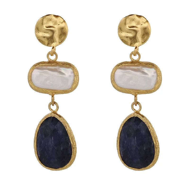 Affordable silver drop earrings-Pearl & Sapphire Gemstone Gold Statement Earrings