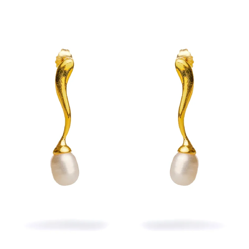 Vintage-inspired gemstone earrings-Wave Gold Vermeil Pearl Drop Statement Earrings