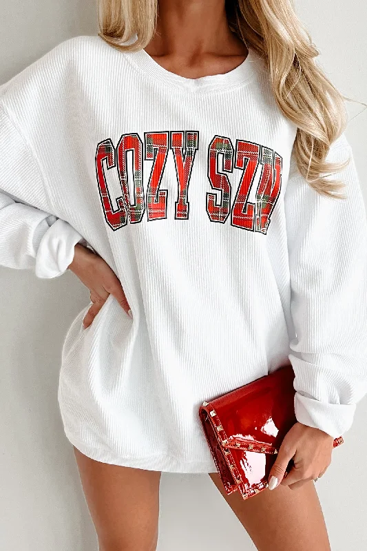 Elegant blouses for formal events-"Cozy Szn" Corded Graphic Crewneck (White) - Print On Demand