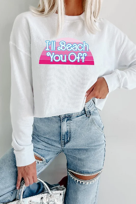 Cozy knit sweaters for winter-"I'll Beach You Off" Raw Hem Crop Graphic Crewneck (White) - Print On Demand