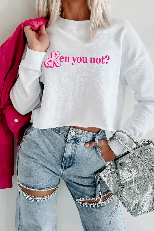 Affordable t-shirts for daily wear-"Ken You Not?" Raw Hem Crop Graphic Crewneck (White) - Print On Demand