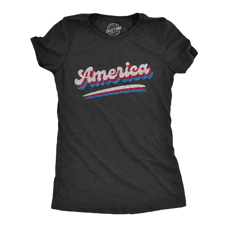 Luxury cashmere cardigans for women-Womens America Retro Glitter T Shirt Cool Patriotic Fourth Of July Party Tee For Ladies