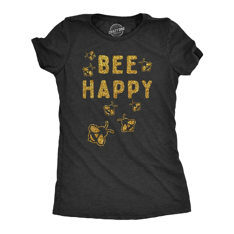 Stylish trench coats for fall-Womens Bee Happy Glitter T Shirt Cute Earth Day Bee Graphic Novelty Tee For Ladies