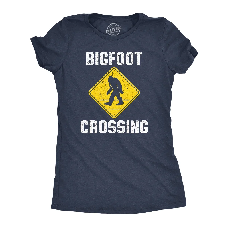 Boho floral tops for women-Womens Bigfoot Crossing T Shirt Funny Sasquatch Road Warning Sign Tee For Ladies