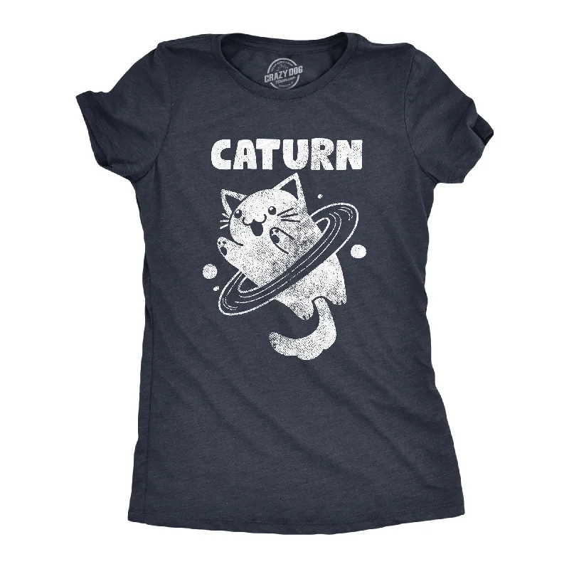 Lightweight tunics for summer-Womens Caturn T Shirt Funny Cute Saturn Kitten Planet Rings Outerspace Tee For Ladies