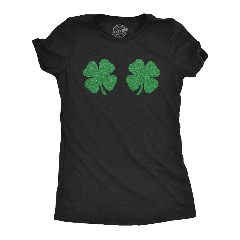 Soft cotton pajamas for women-Womens Clover Tits Tshirt Funny Glitter Four Leaf Clover St. Paddy's Day Parade Boob Novelty Graphic Tee For Ladies