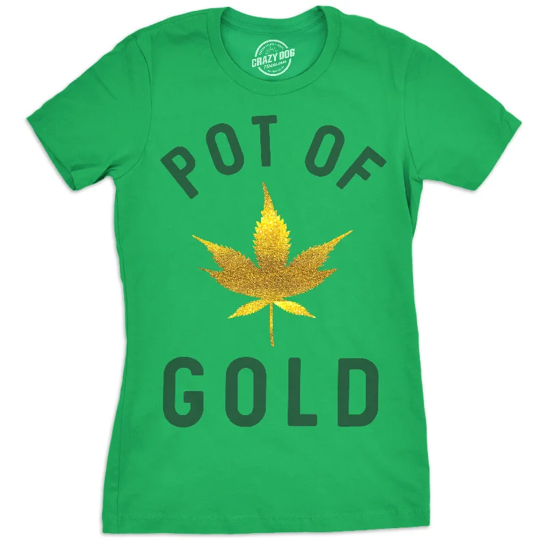 Vintage denim skirts for casual wear-Womens Pot Of Gold Tshirt Glitter Marijuana Leaf St Patricks Day Tee For Ladies