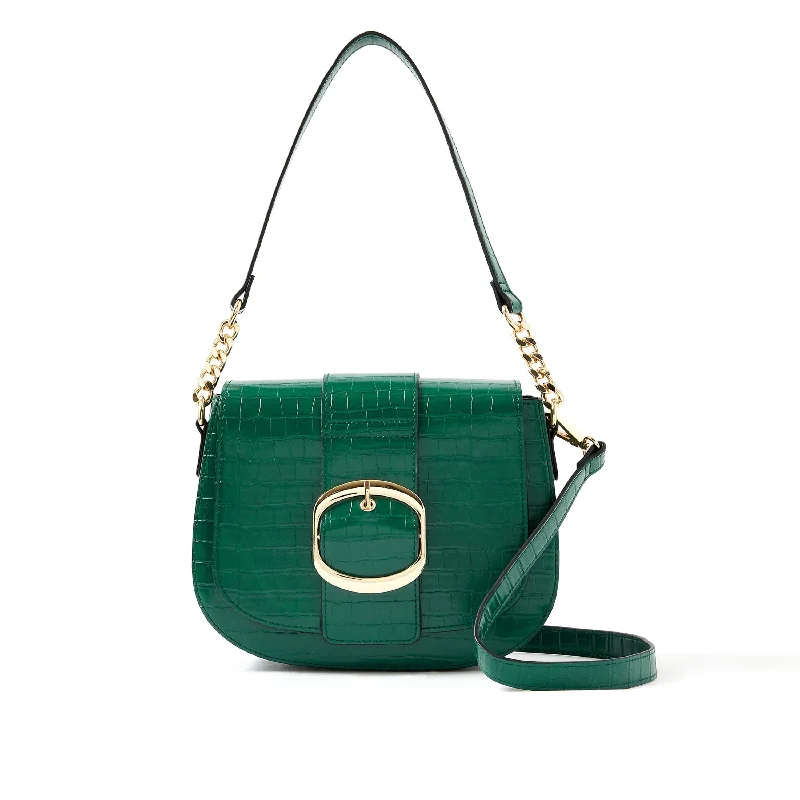 Designer crossbody bags with fringe-Accessorize London women's Faux Leather Green Buckle Saddle Shoulder & Sling bag