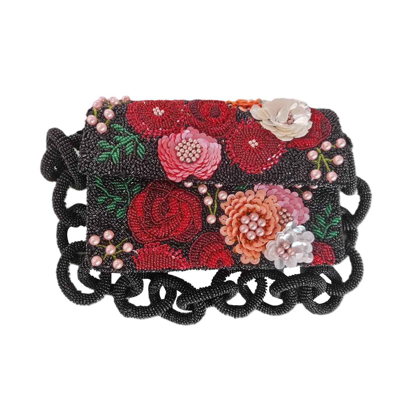 Chic leather wristlets for women-Beaded Bag Black Floral