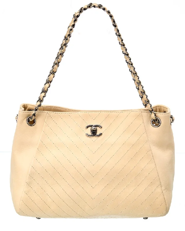 Crocodile pattern handbags for women-Chanel Beige Suede CC Chain Tote (Authentic Pre-Owned)