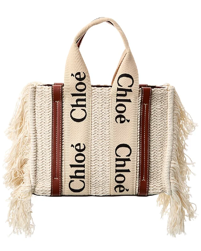 High-end evening bags with satin finish-Chloé Woody Small Leather-Trim Tote (Authentic Pre-Owned)