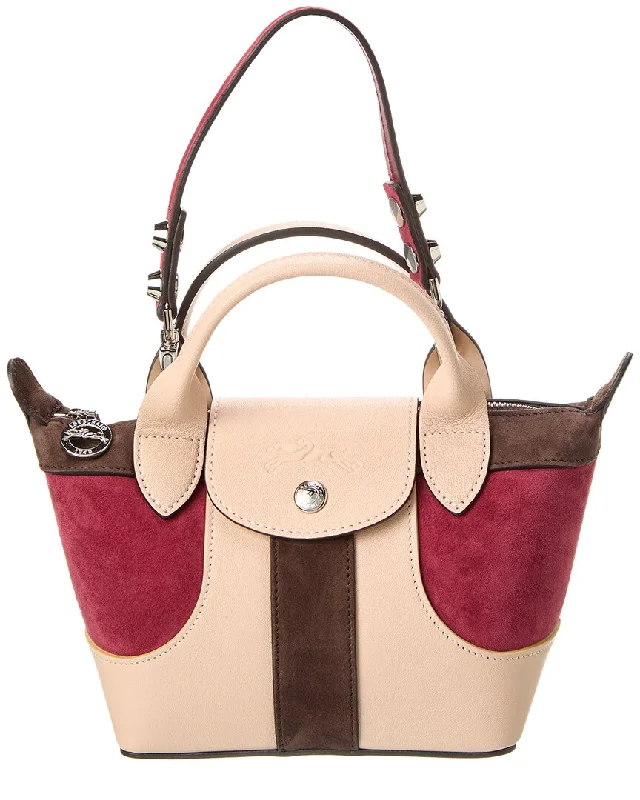 Retro style handbags with wooden handles-Longchamp Le Pliage Cuir XS Leather & Suede Short Handle Tote