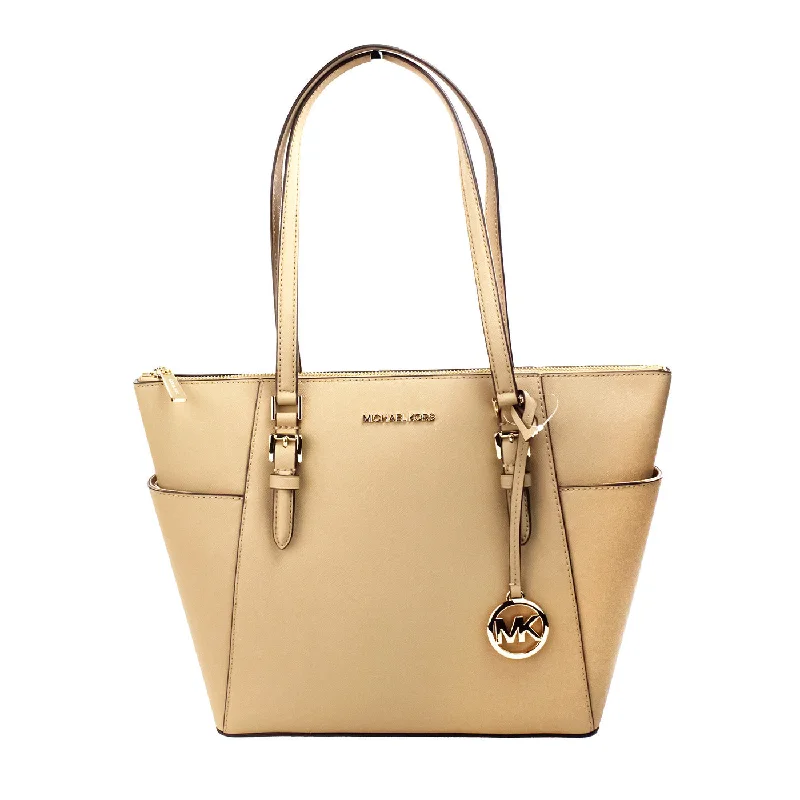 Small shoulder bags for evening wear-Michael Kors Charlotte Camel Large Leather Top Zip Tote Bag Women's Purse