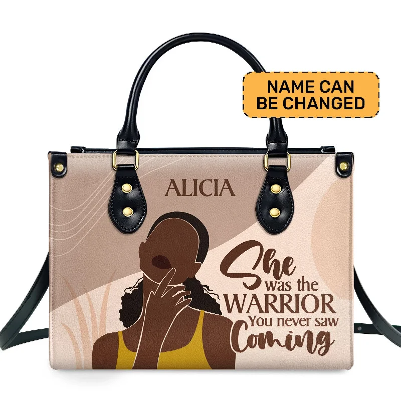 Large beach bags for summer vacations-She Was The Warrior - Personalized Leather Hand Bag STB102