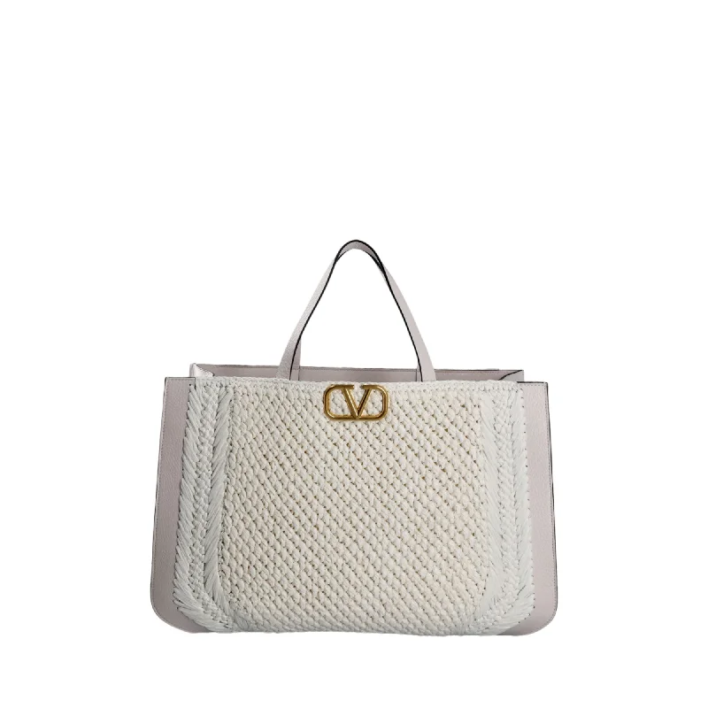 Trendy transparent bags for festivals-Valentino Garavani V'logo Signature Crochet Raffia Tote Bag