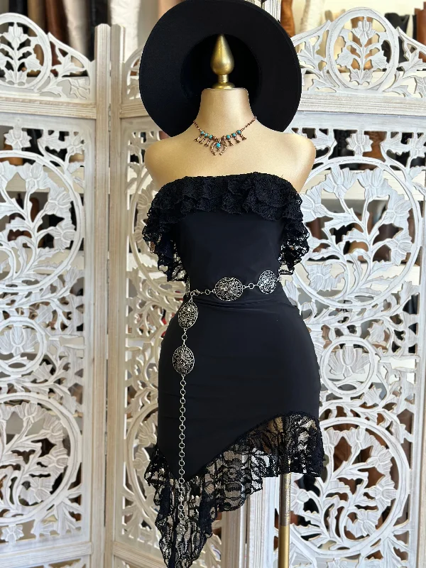 Vintage-inspired dresses for women-Black Lace Ruffle Off Shoulder Dress- Stretchy