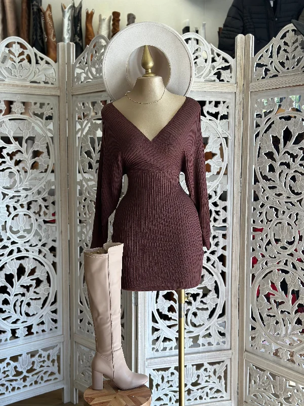 Luxury silk blouses for women-Brown Sweater Wrapped Dress