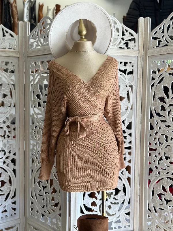 Affordable activewear for women-Camel Brown Wrapped Sweater Dress with Belt