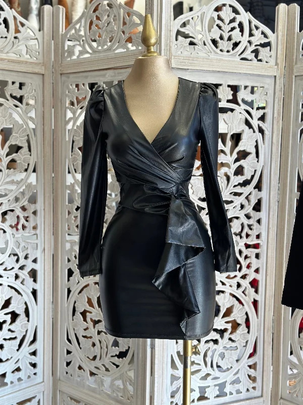 Designer blazers for professional women-Faux Leather Wrapped Dress