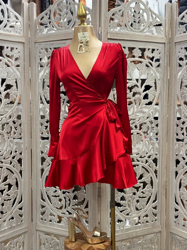 Chic romper dresses for casual wear-Silky Red Wrapped Dress