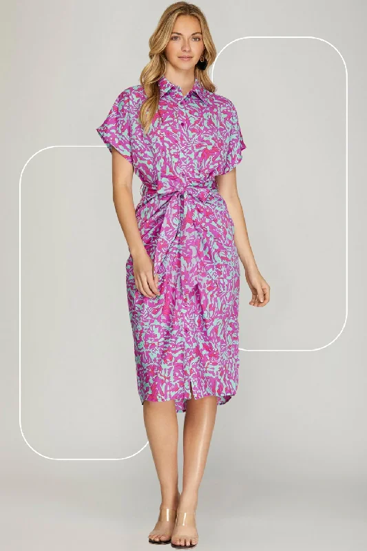 High-waisted skirts for office wear-Sky Drop Shoulder Woven Print Button Down Dress