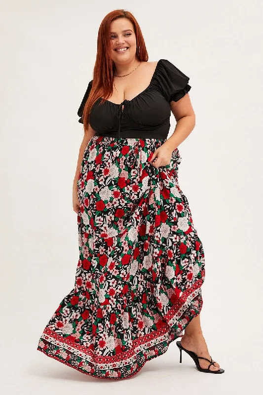 High-waisted skirts for office wear-Black Boho Maxi Skirt High Waist Tiered