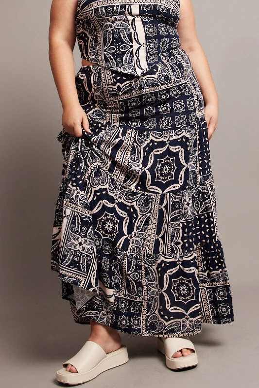 Casual sundresses for summer-Blue Abstract Tiered Maxi Skirt