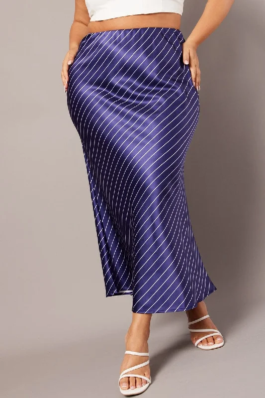 Soft linen pants for summer-Blue Stripe Pinstripe Bias Satin Skirt