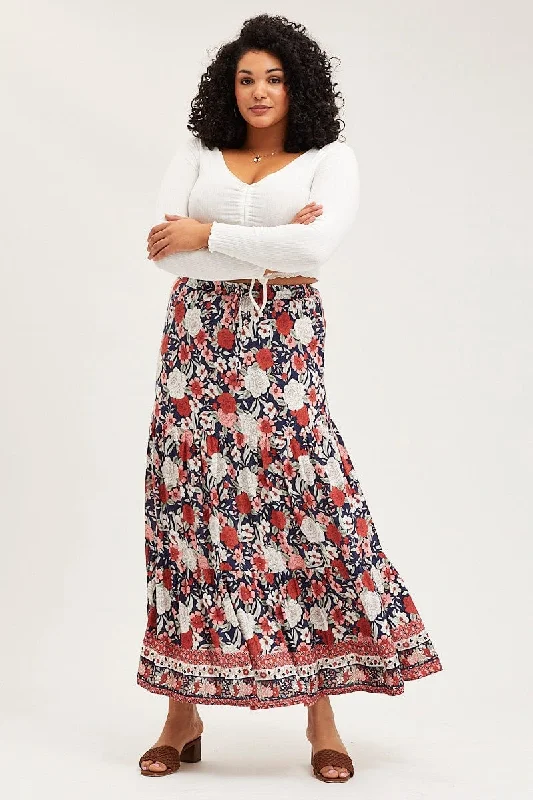 High-waisted jeans for casual wear-Boho Print Tiered Maxi Skirt