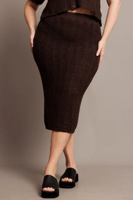 Designer cocktail dresses for events-Brown Crochet Look Knit Skirt