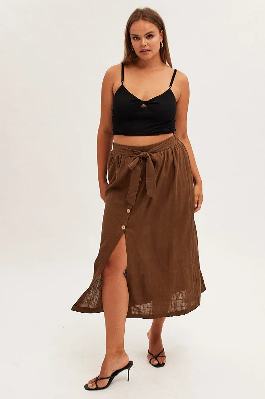 Stylish jumpsuits for summer-Brown Maxi Skirt Button Front Tie Waist