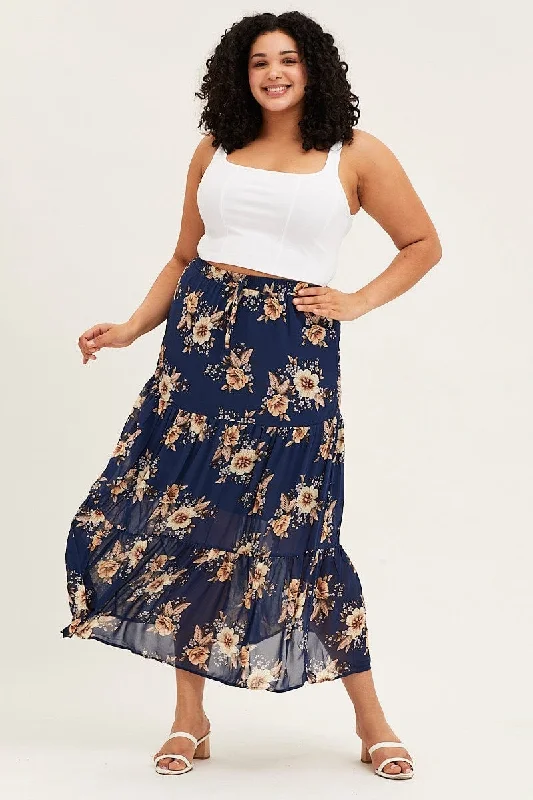 Trendy oversized hoodies for women-Floral Print Tiered Maxi Full Skirt