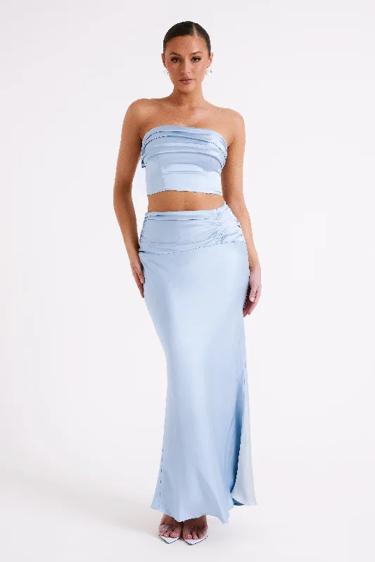 Lightweight tunics for summer-Khalani Ruched Satin Maxi Skirt - Ice Blue