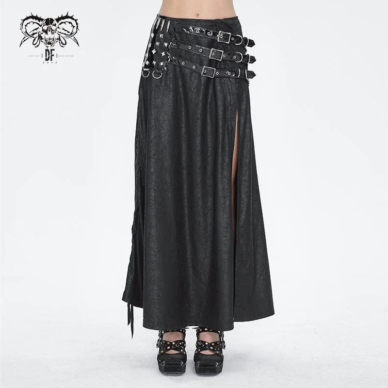 Casual overalls for women-Women's Gothic Buckle Stud Side Slit Long Skirt