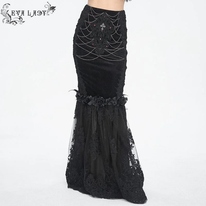 Chic jumpsuits for party wear-Women's Gothic Floral Embroidered Lace Splice Black Fishtail Skirt