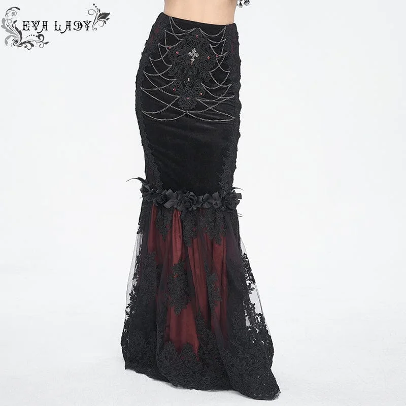 Chic off-shoulder dresses for women-Women's Gothic Floral Embroidered Lace Splice Red Fishtail Skirt