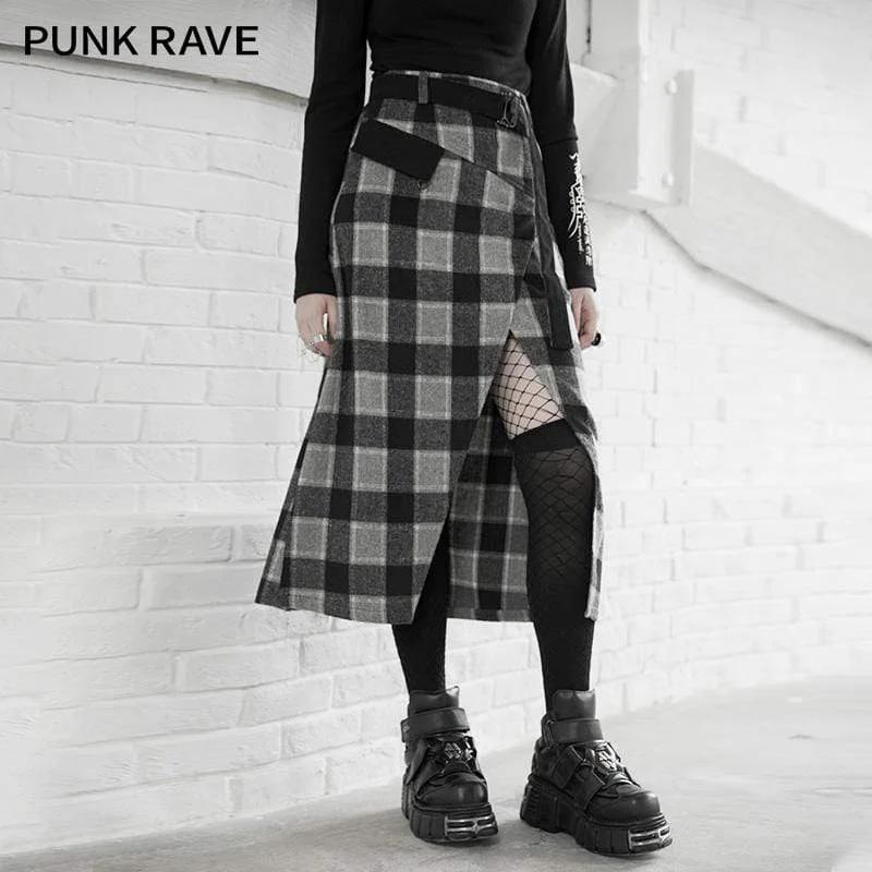 Designer wool skirts for women-Women's Gothic High-waisted Plaid Slit Long Skirts