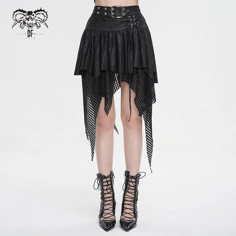 Chic jumpsuits for party wear-Women's Gothic Irregular Mesh Splice Buckle Skirt Black