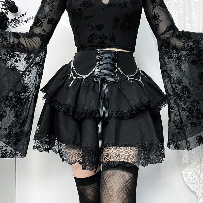 Designer skirts for office wear-Women's Gothic Lace-up Lace Hem Skirt with Chain